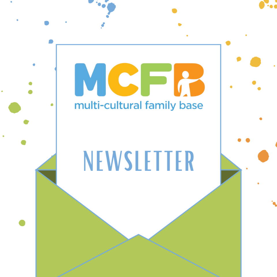 An illustration of an open envelope with a piece of paper emerging. The paper has the MCFB logo and the word "Newsletter". Ink blots in the MCFB colours are on the page behind.